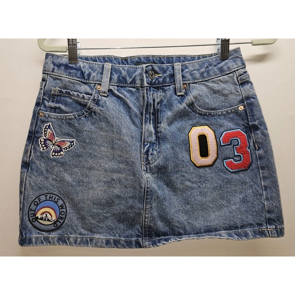 Wild Fable Denim Mini Skirt Size 4 Y2K festival Graphic Patches Retro Grunge